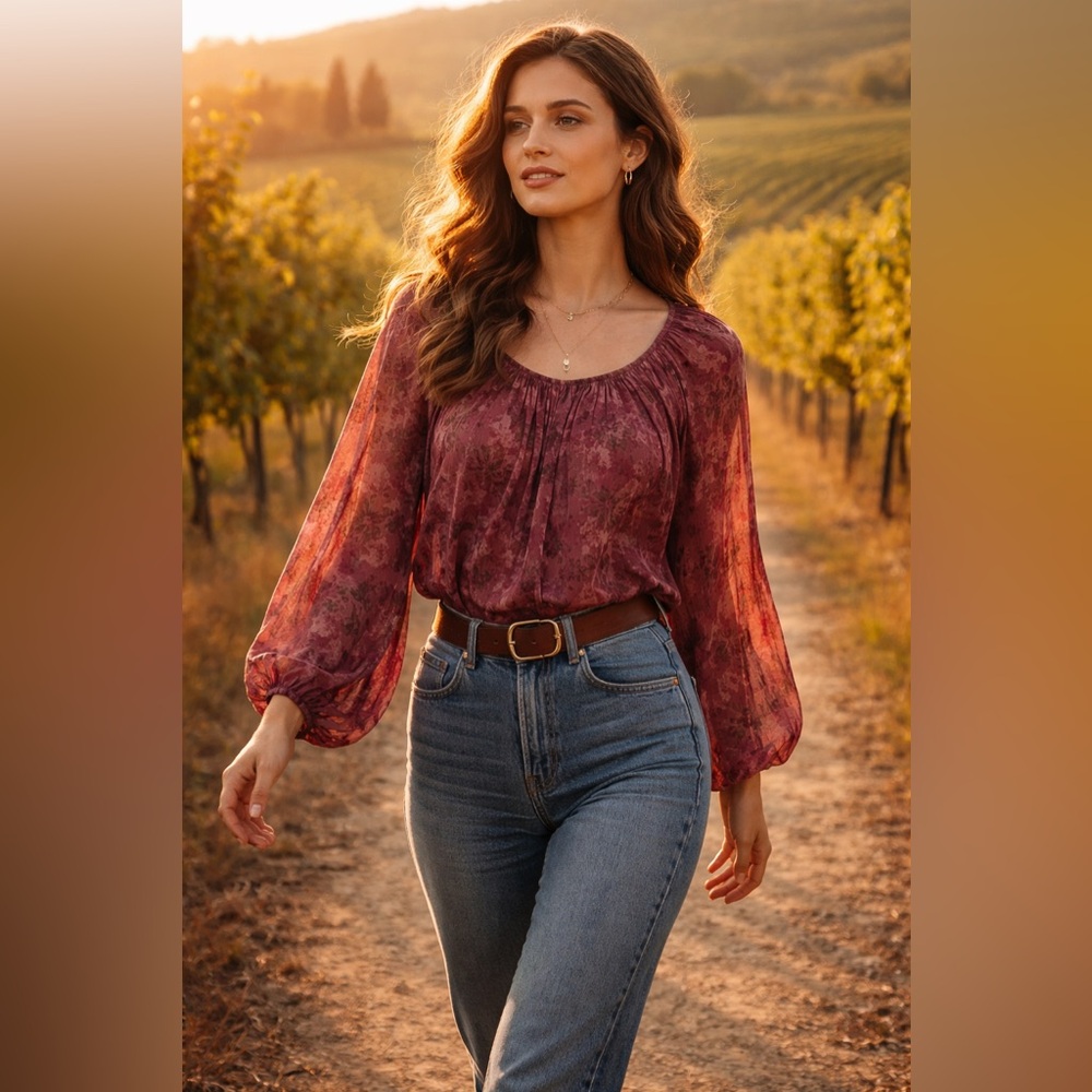 Italian Silk Blend Boho Peasant Blouse |Burgundy Floral Cottagecore Romantic Top